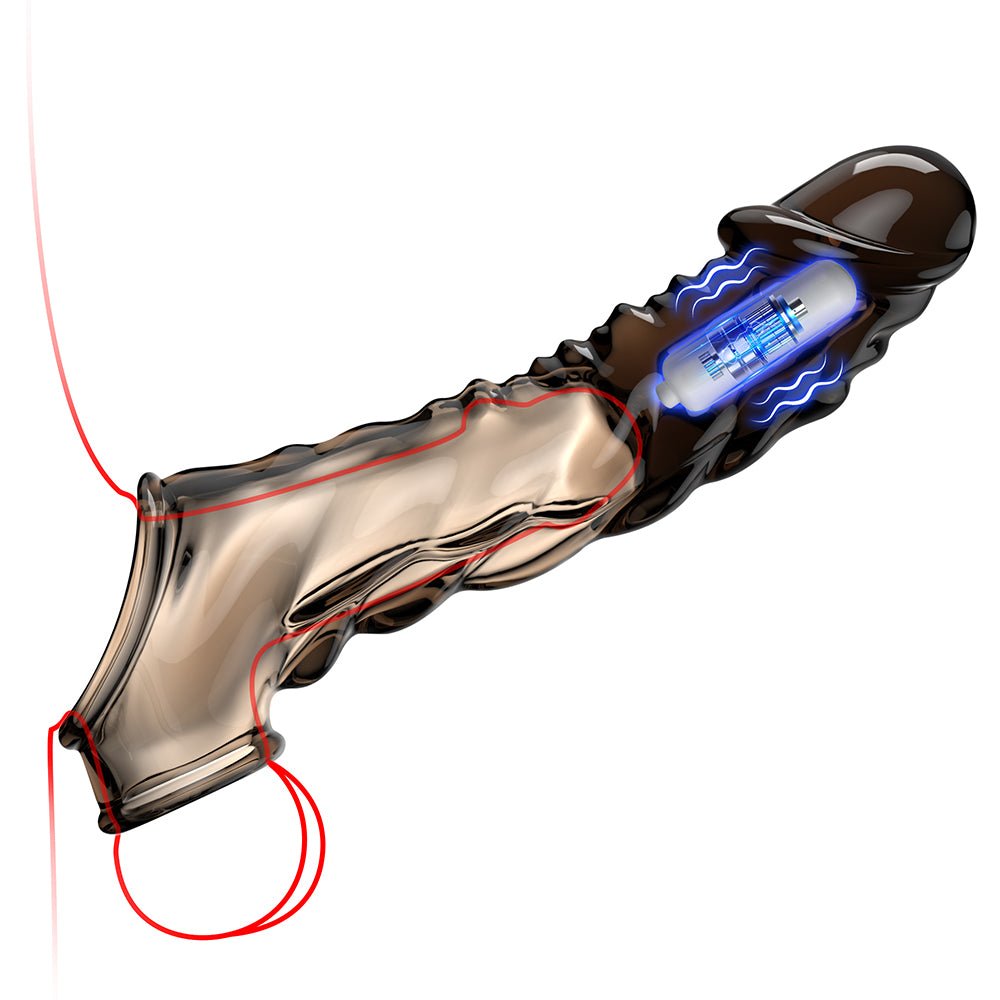 Ultra-Soft Reusable Vibrating Penis Sleeve with Cock Ring - 3.6 Inch Black Clear Penis Extender for Men and Couples