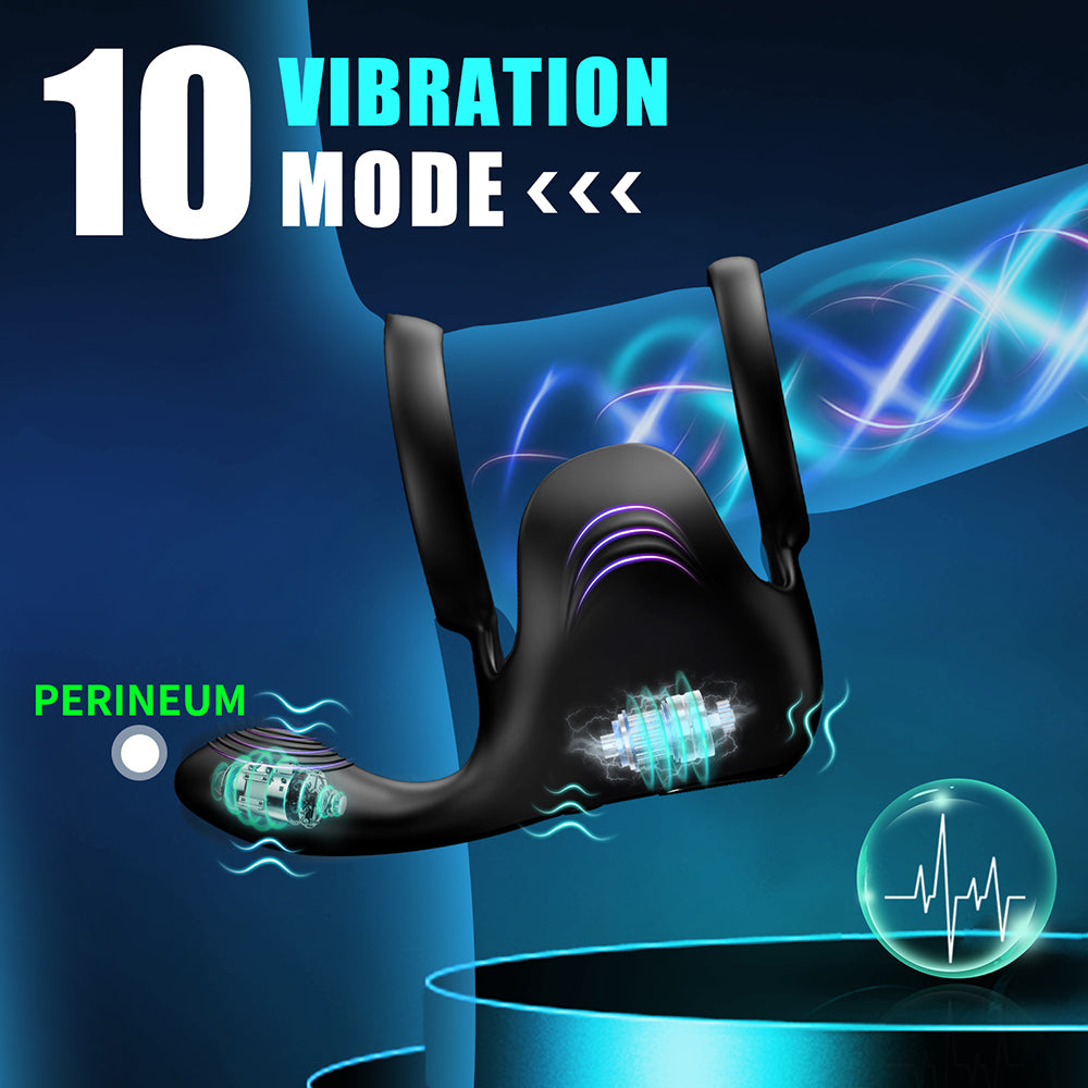 Vibrating Double Penis Cock Ring, 3 in 1 Male Vibrator Penis Ring with 10 Vibration Modes for Prostate Massager