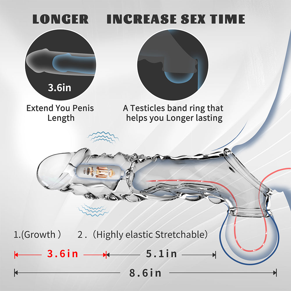 KVEVU Reusable Penis Sleeve with Vibrator Penis Ring,3.6 inch Clear Penis Sleeve Cock Ring Extender Ultra-Soft Penis Enlarger for Couples Vibrating Dildo for Cock Enlarger Sex Toys for Men