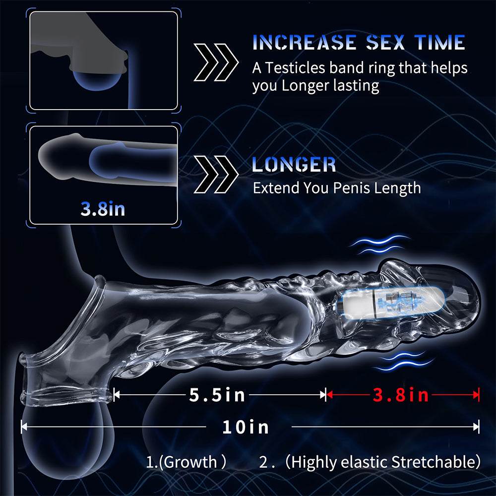 Large Reusable Penis Sleeve with Vibrator Ring,3.8 inch Clear Cock Ring Extender Ultra-Soft Enlarger for Couples Vibrating Dildo Sex Toys Men