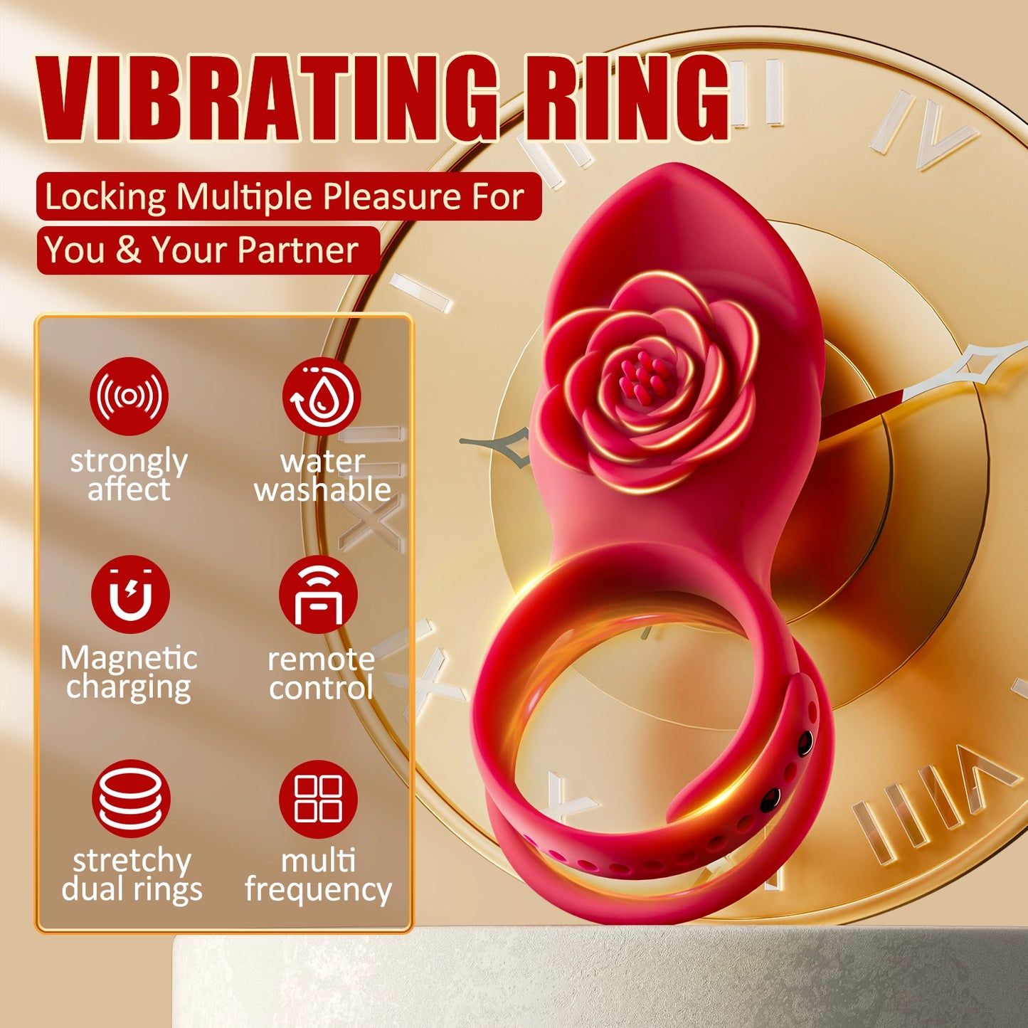 Rose Red Vibration Cock Ring | 9 Vibrations & Remote Control