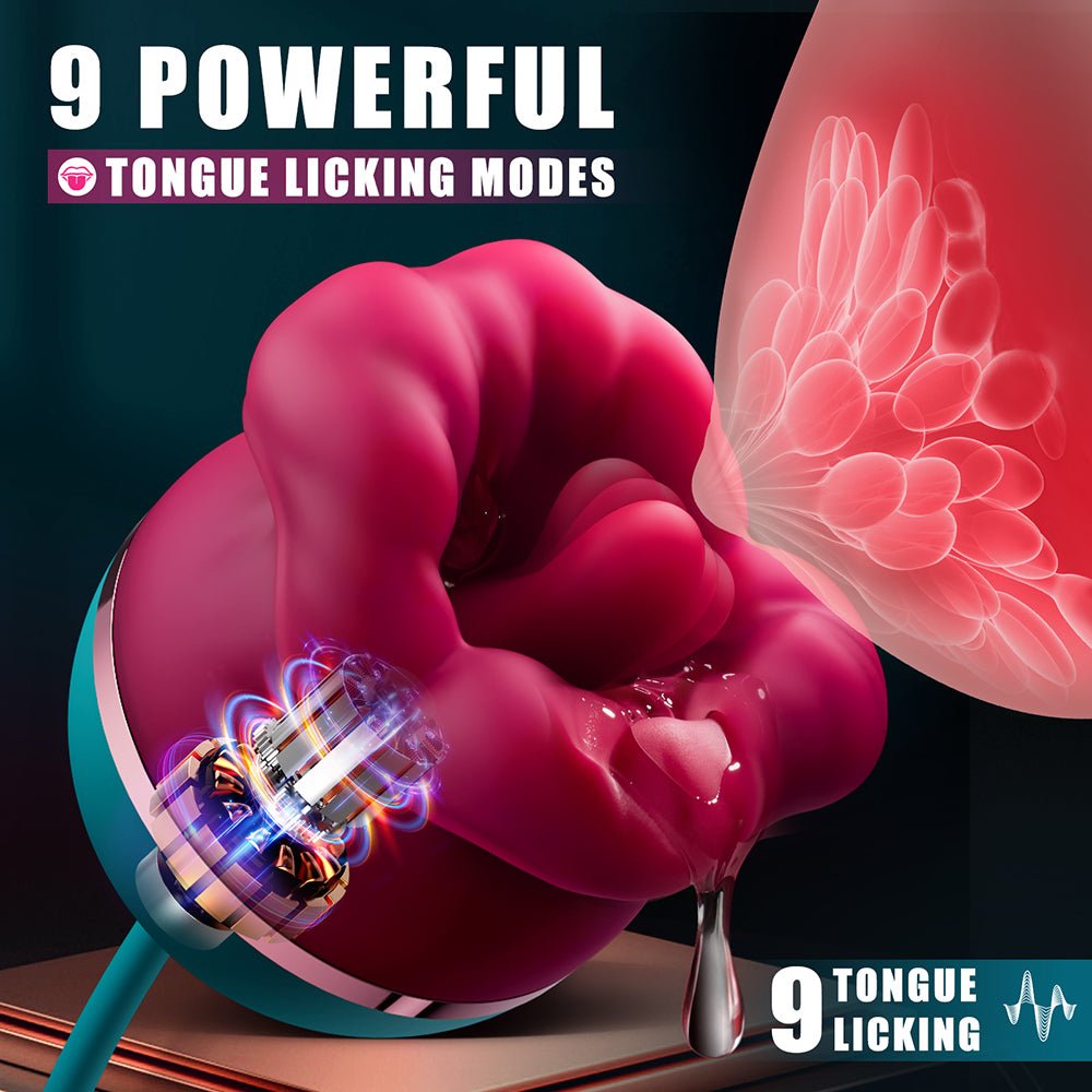 Big Mouth-Shaped Vibrator 3in with 9 Tongue Licking & 6 Thrusting G Spot Dildo For Women