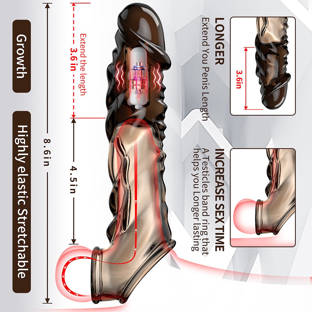 Ultra-Soft Reusable Vibrating Penis Sleeve with Cock Ring - 3.6 Inch Black Clear Penis Extender for Men and Couples