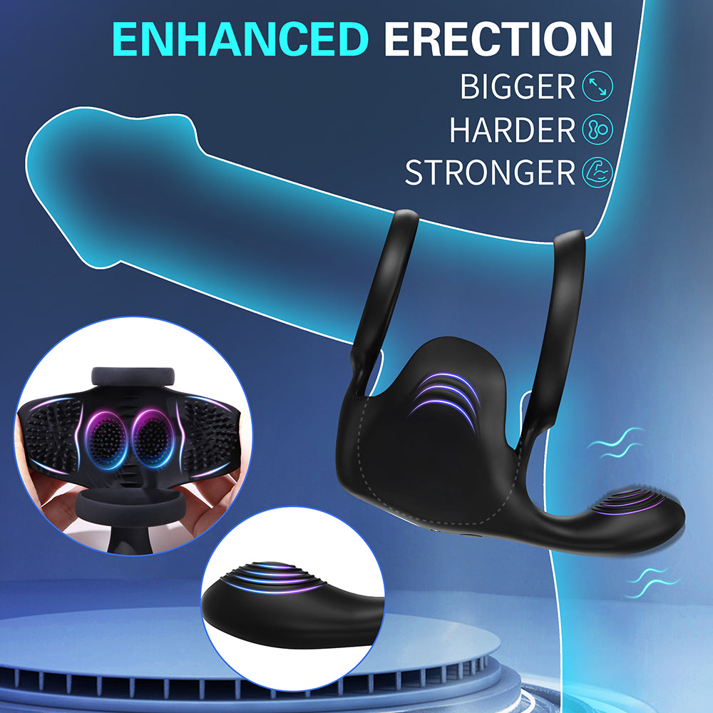 Vibrating Double Penis Cock Ring, 3 in 1 Male Vibrator Penis Ring with 10 Vibration Modes for Prostate Massager