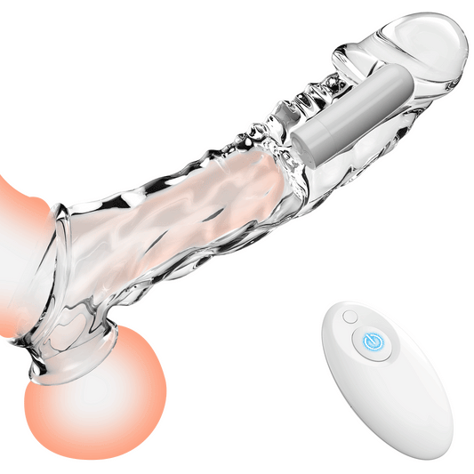 Penis Sleeve Cock Vibrator with Penis Ring Sex Toys - 3.6 inch Clear Cock Sleeve with 10 Vibrating Modes and Remote Control