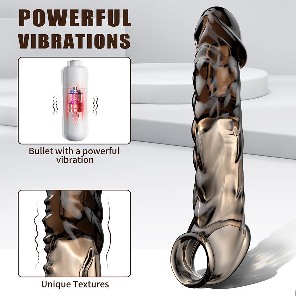 Ultra-Soft Reusable Vibrating Penis Sleeve with Cock Ring - 3.6 Inch Black Clear Penis Extender for Men and Couples