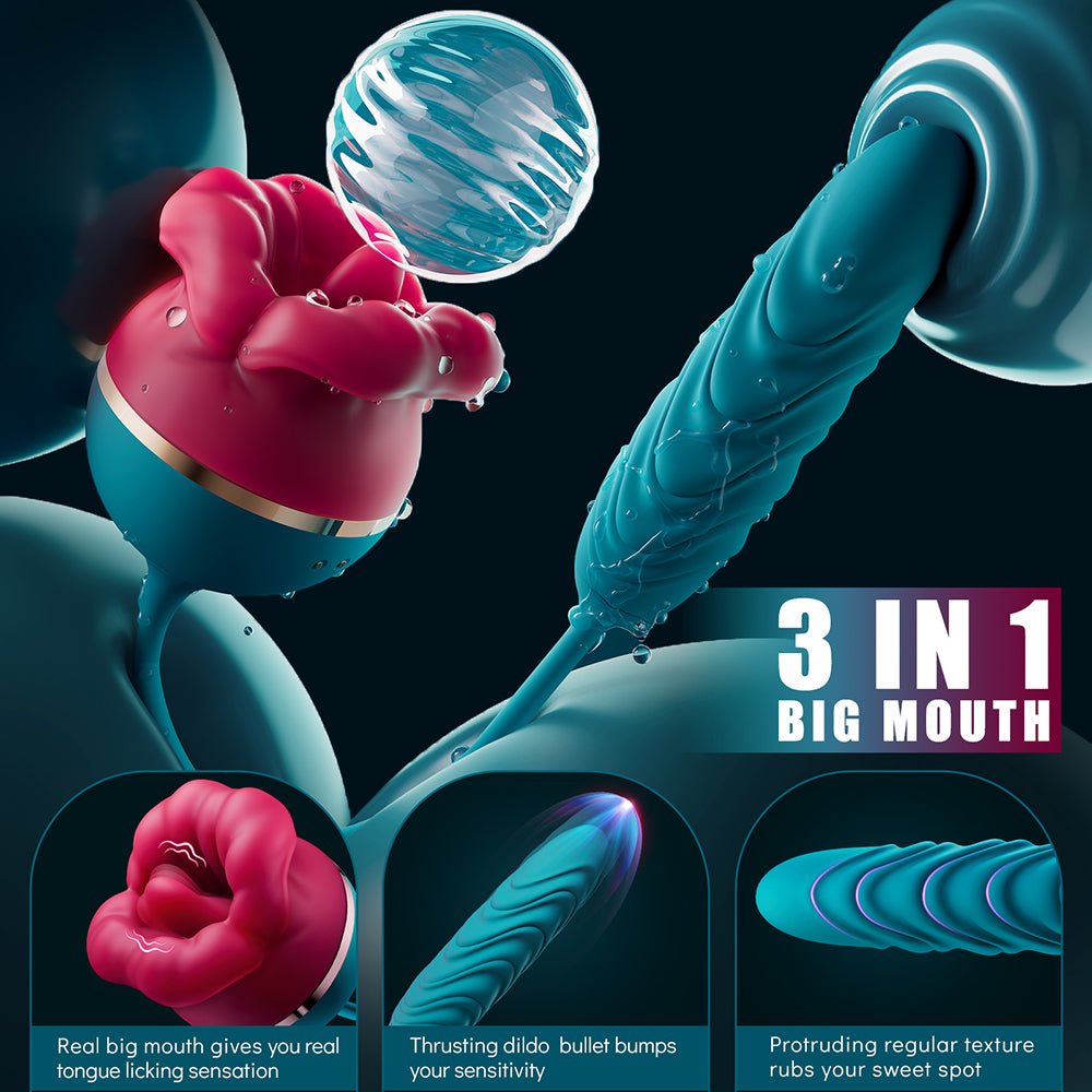 Big Mouth-Shaped Vibrator 3in with 9 Tongue Licking & 6 Thrusting G Spot Dildo For Women