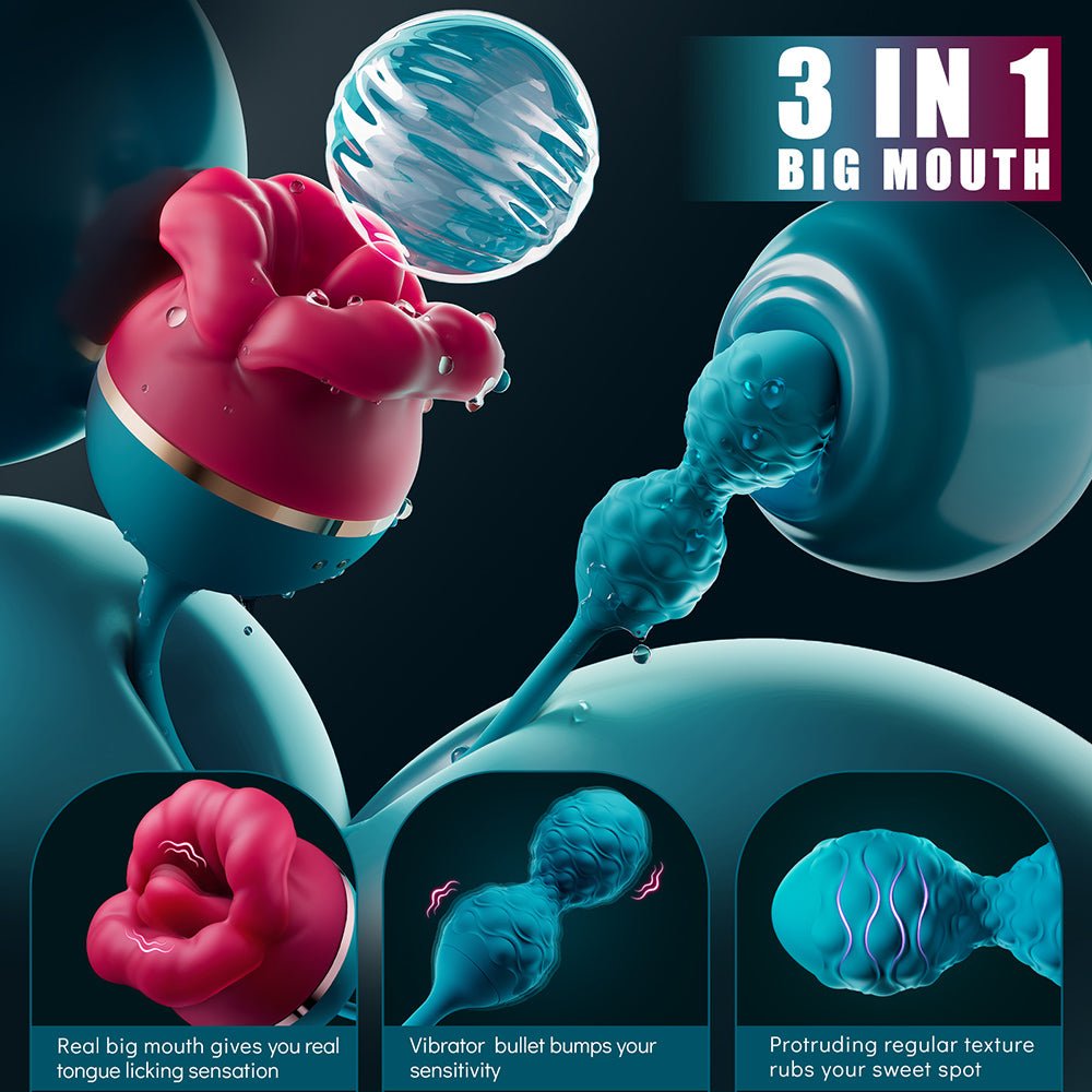 Sex Rose Big Mouth Vibrator - 9 Tongue Licking & 6 Thrusting G Spot Dildo