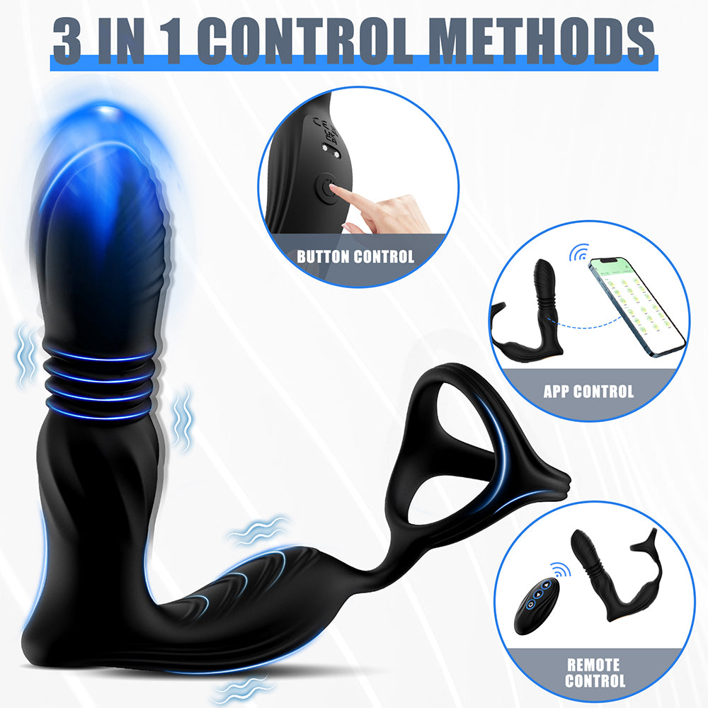 Thrusting Anal Vibrator Prostate Massager with Cock Ring - 3 in 1 Male Sex Toys with 9 Thrusting