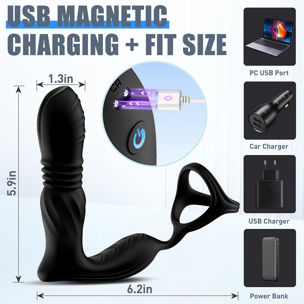 Thrusting Anal Vibrator Prostate Massager with Cock Ring - 3 in 1 Male Sex Toys with 9 Thrusting