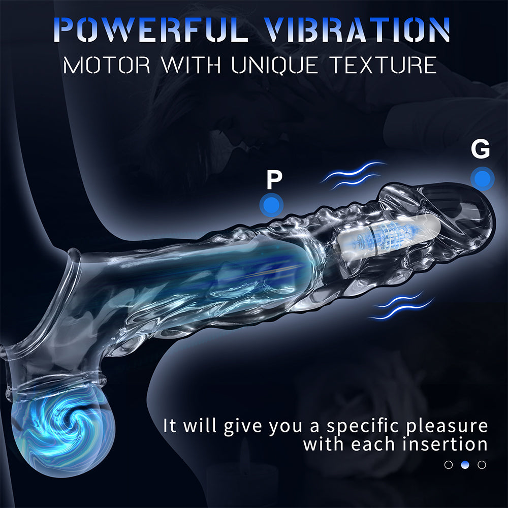 Large Reusable Penis Sleeve with Vibrator Ring,3.8 inch Clear Cock Ring Extender Ultra-Soft Enlarger for Couples Vibrating Dildo Sex Toys Men