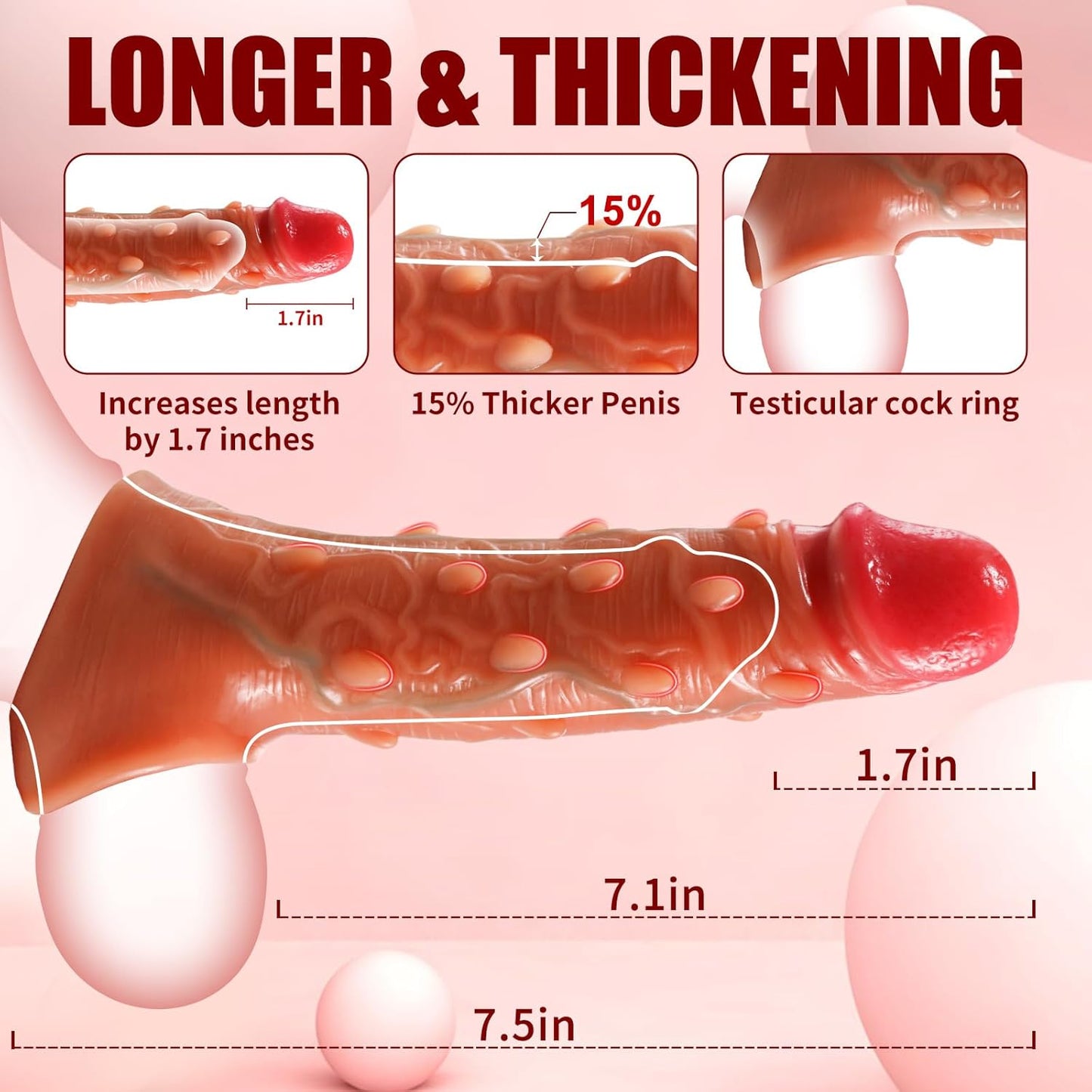 Reusable Penis Sleeve Cock Ring Extender - 1.7 Inch Ultra-Soft Penis Enlarger for Male Stamina