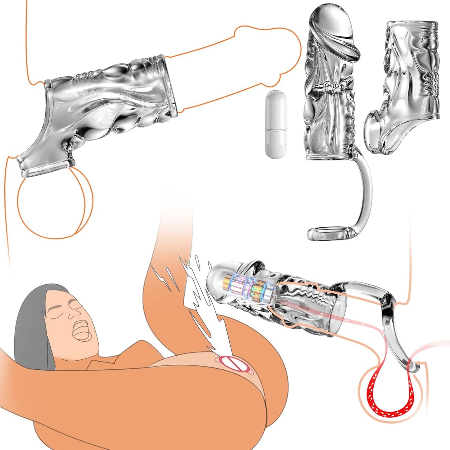 Penis Sleeve Cock Sleeve Sex Toys - 2 in 1 Clear Penis Ring Extender with Vibrator