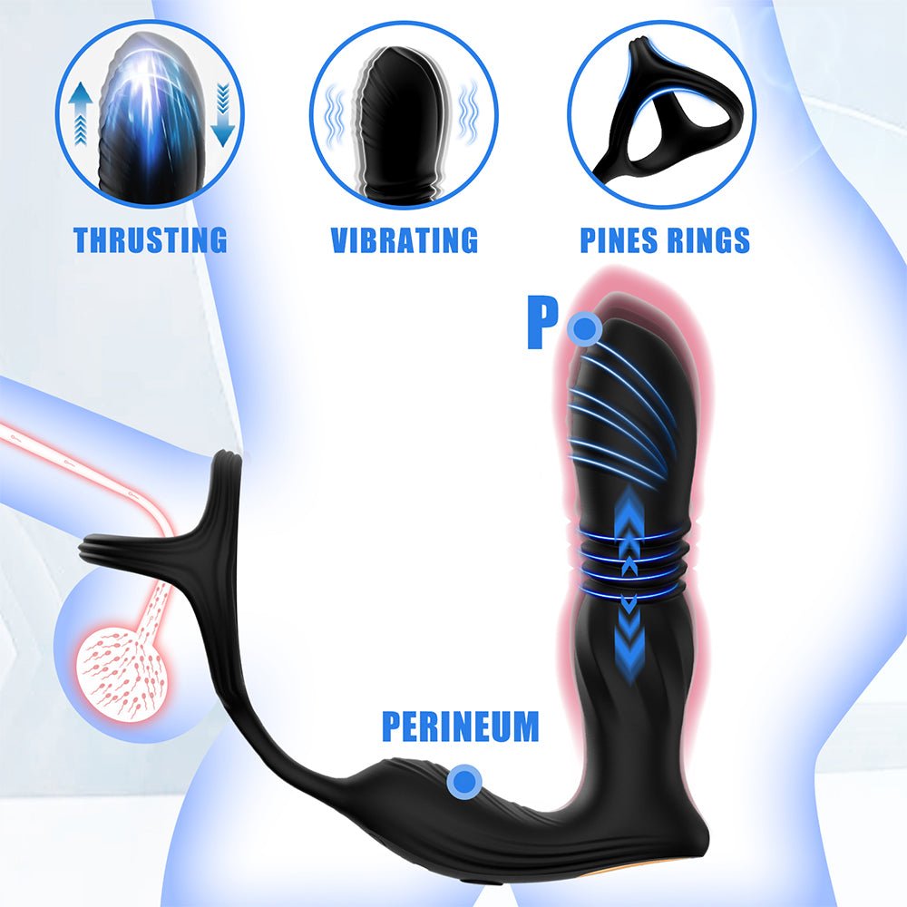 Thrusting Anal Vibrator Prostate Massager with Cock Ring - 3 in 1 Male Sex Toys with 9 Thrusting
